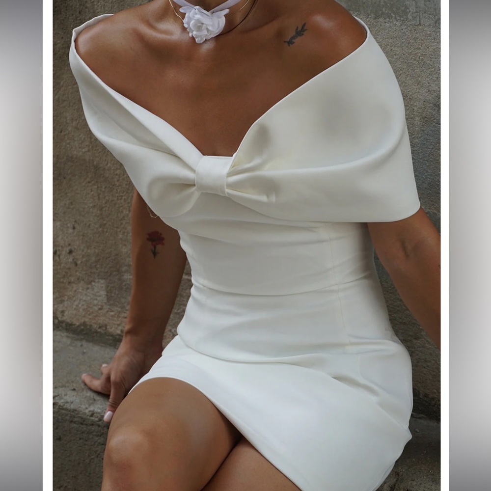 Meshki White Bow Off the Shoulder Dress